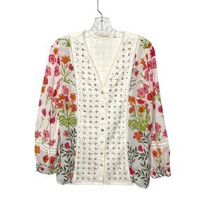 Soft Surroundings Women's PM Floral Embroidered Button-Front Blouse Multi-Color